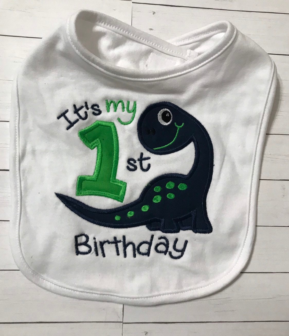 Dinosaur 1st Birthday Bib: Navy & Green Theme