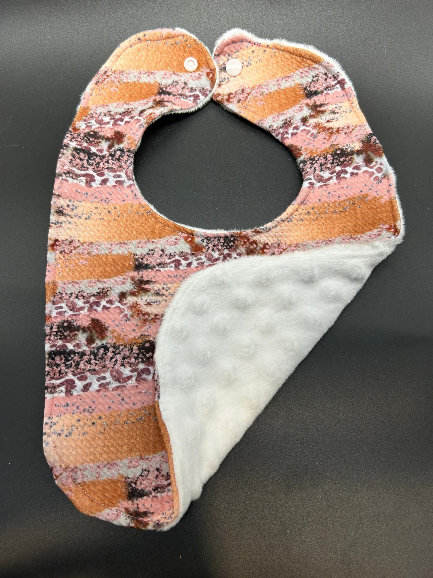 Animal Print Baby Bib: Pink Peach Coral Knit, Minky Back