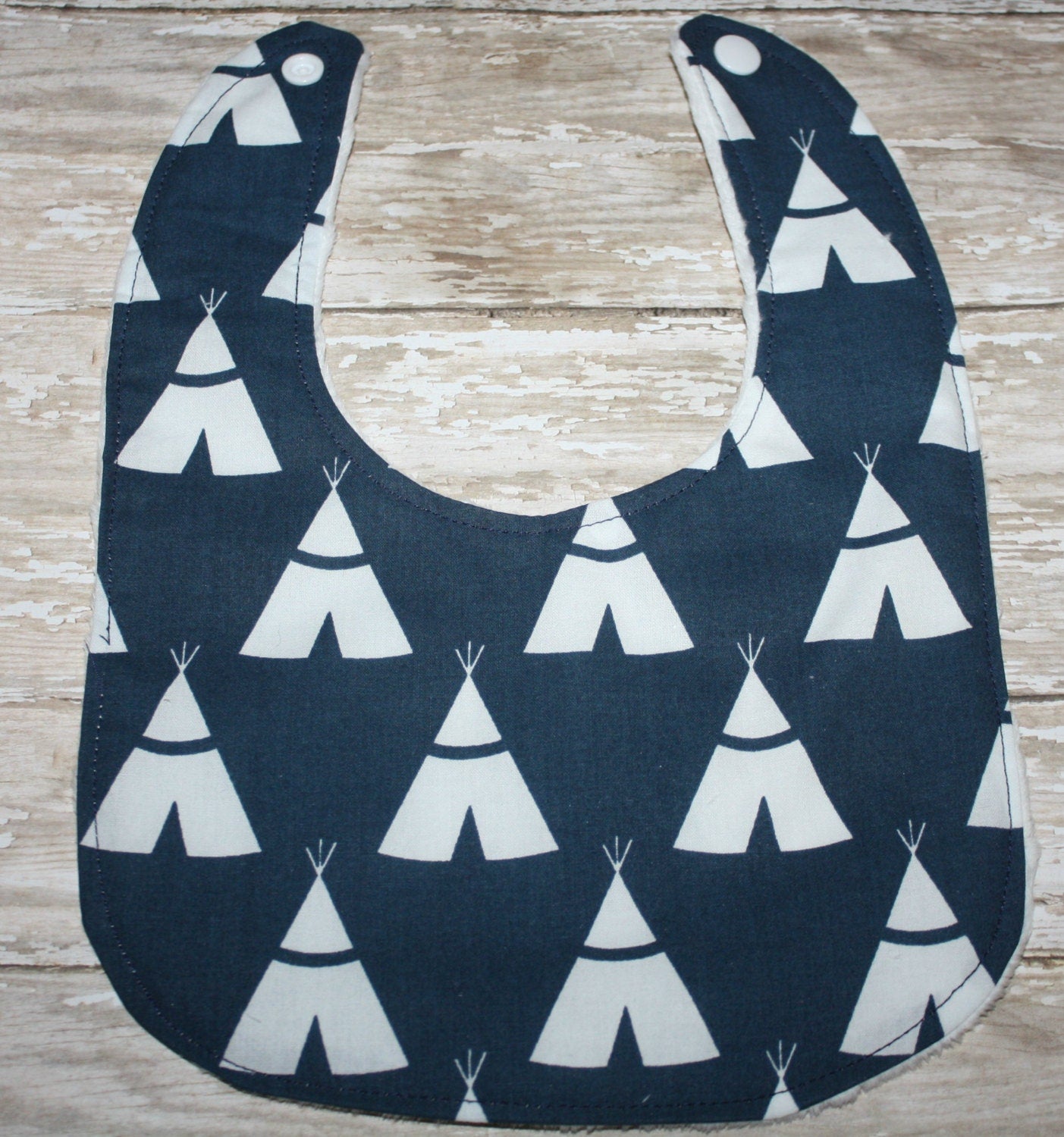 Navy Tepee Baby Bib: Cotton with Minky Backing, Personalized