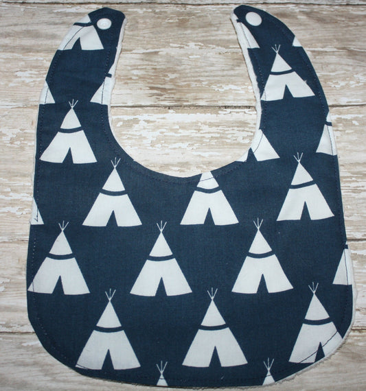 Navy Tepee Baby Bib: Cotton with Minky Backing, Personalized