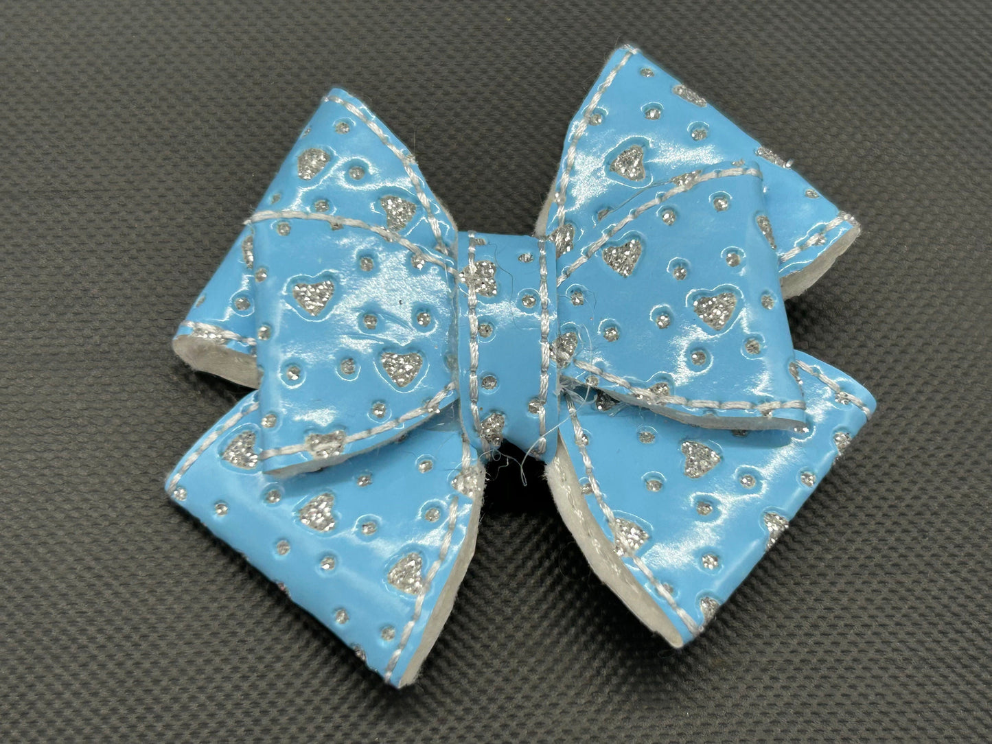 Blue Glitter Heart Faux Leather Hair Bow - Alligator Clip