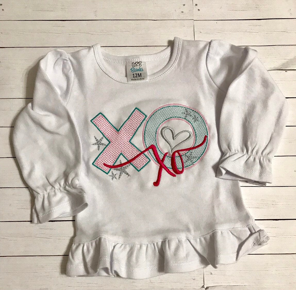 Girls Valentine Shirt: Embroidered XOXO Heart - Pinks & Teal