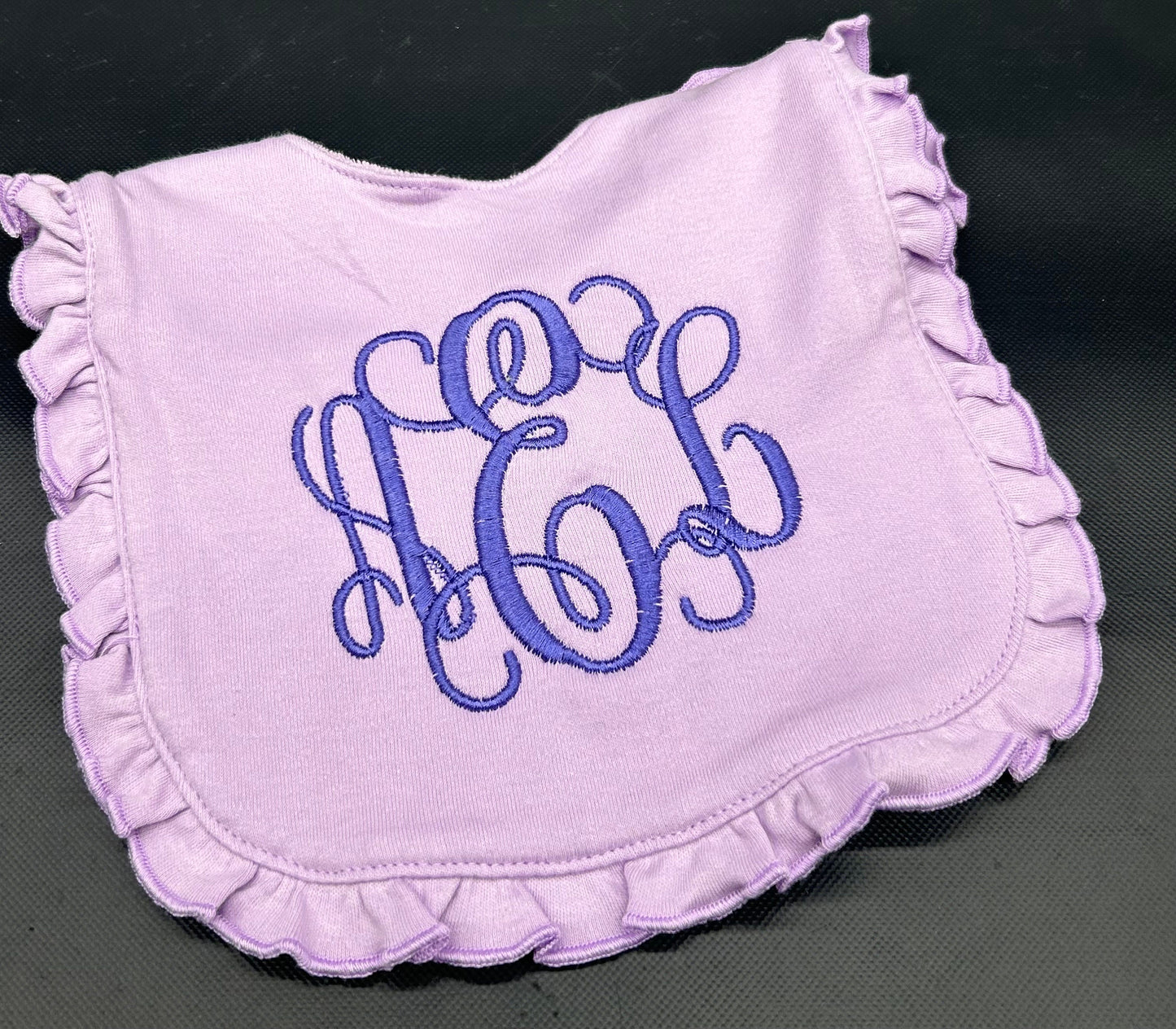 Personalized Purple Ruffle Baby Bib: Embroidered Monogram