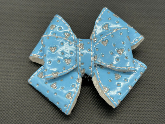 Blue Glitter Heart Faux Leather Hair Bow - Alligator Clip