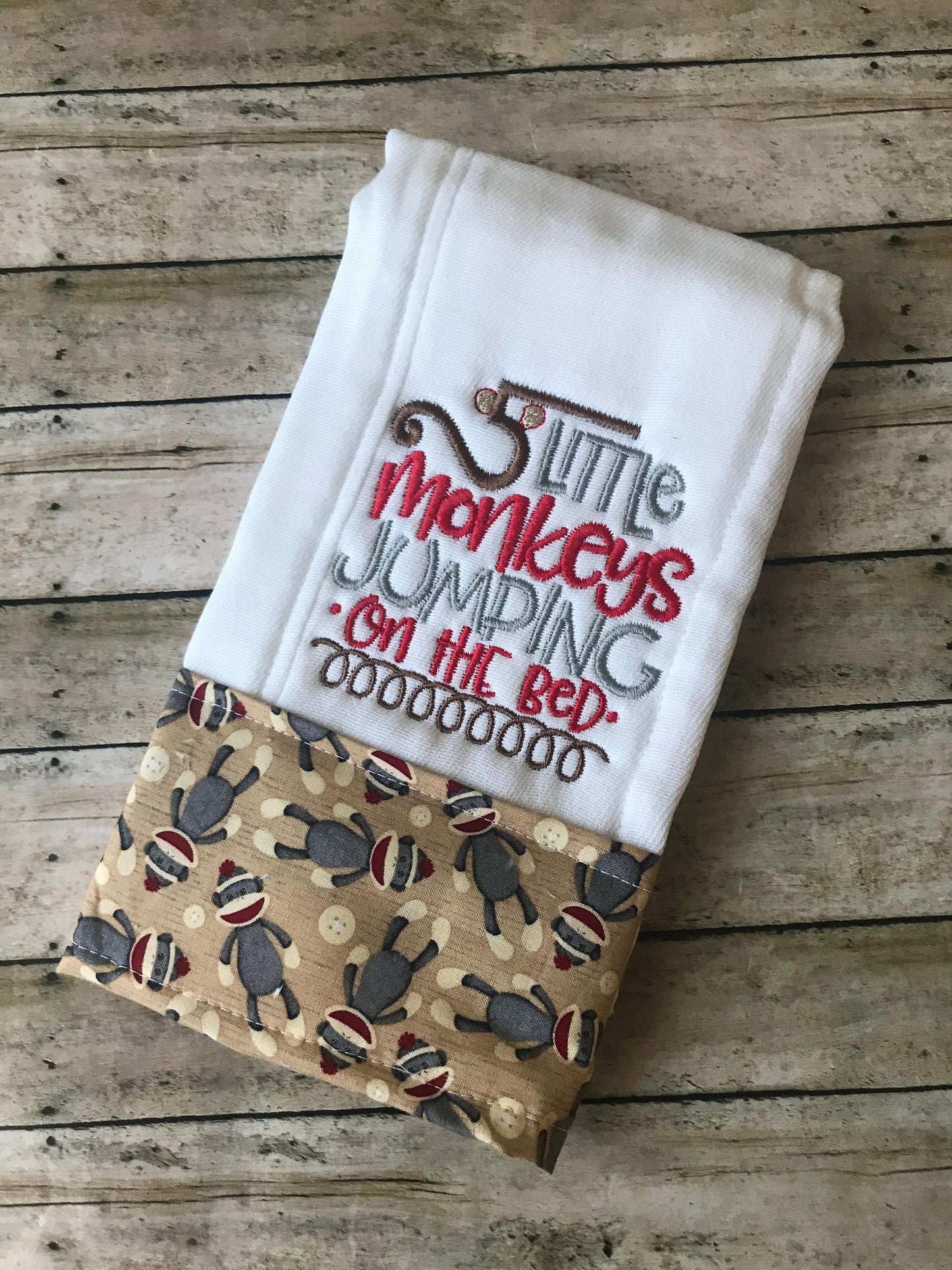 Embroidered Burp Cloth: Five Little Monkeys, Sock Monkey Trim