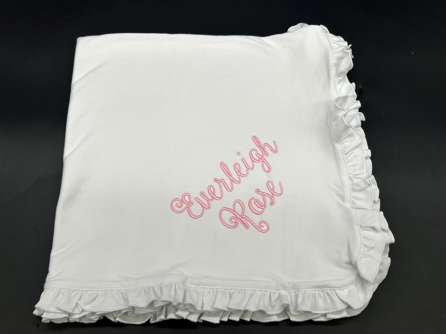 Personalized White Ruffle Baby Blanket