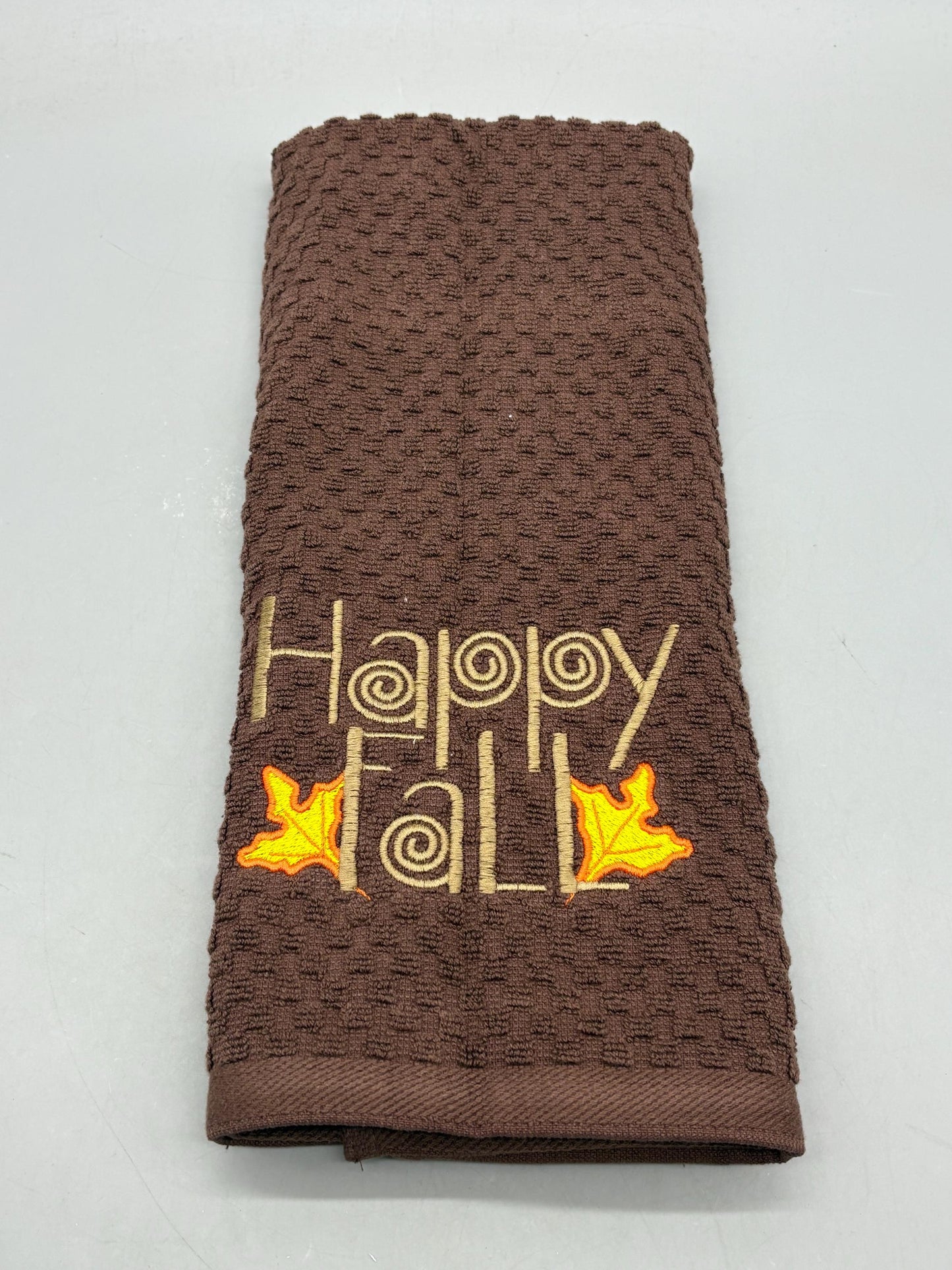 Happy Fall Brown Kitchen Towel Embroidered