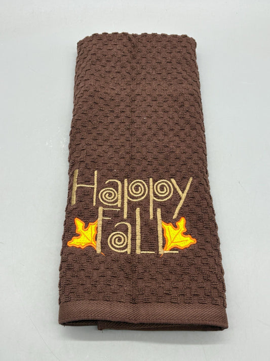 Happy Fall Brown Kitchen Towel Embroidered