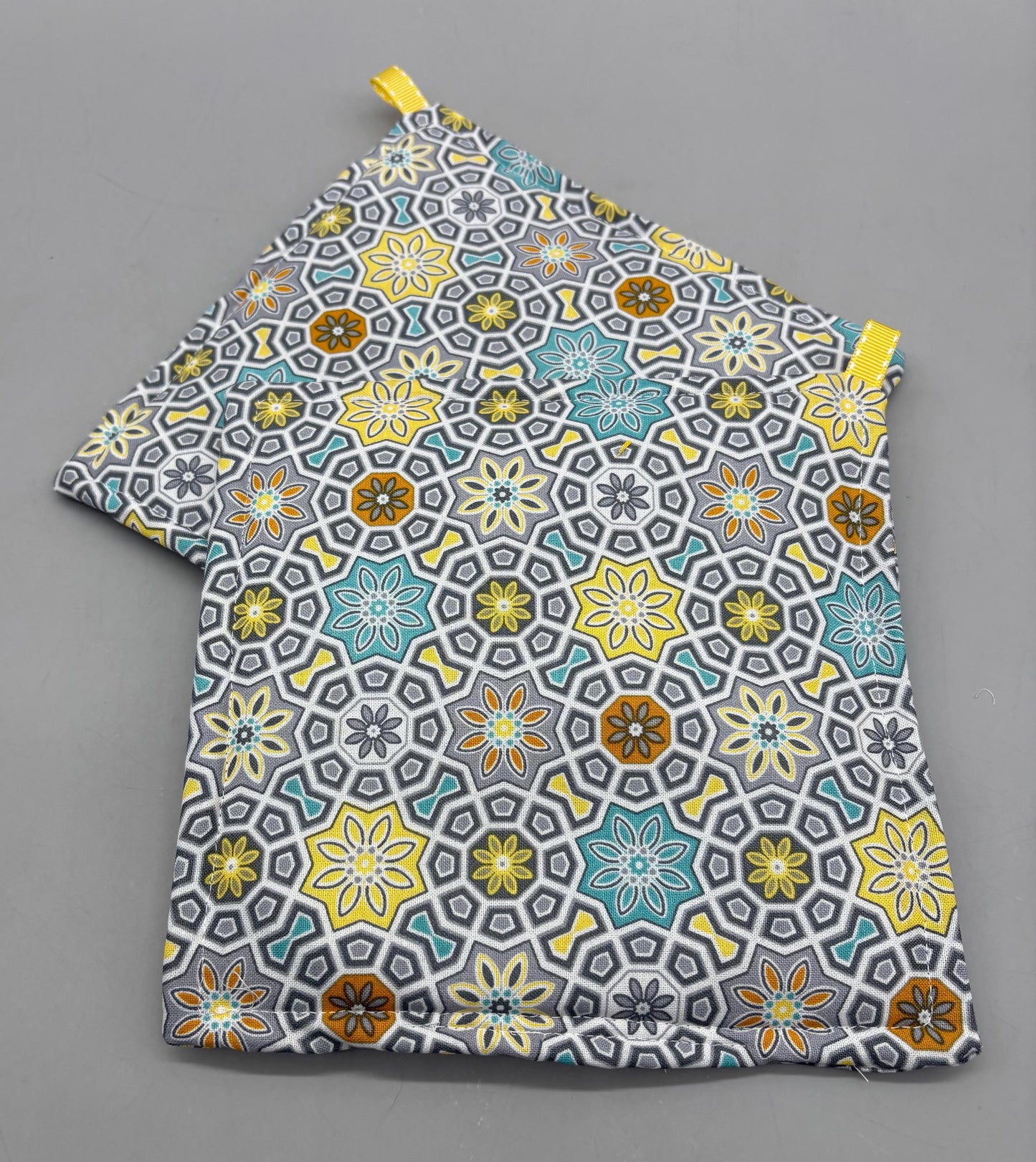 Modern Quilted Potholder Set: Gray, Blue & Yellow Cotton Hot Pads