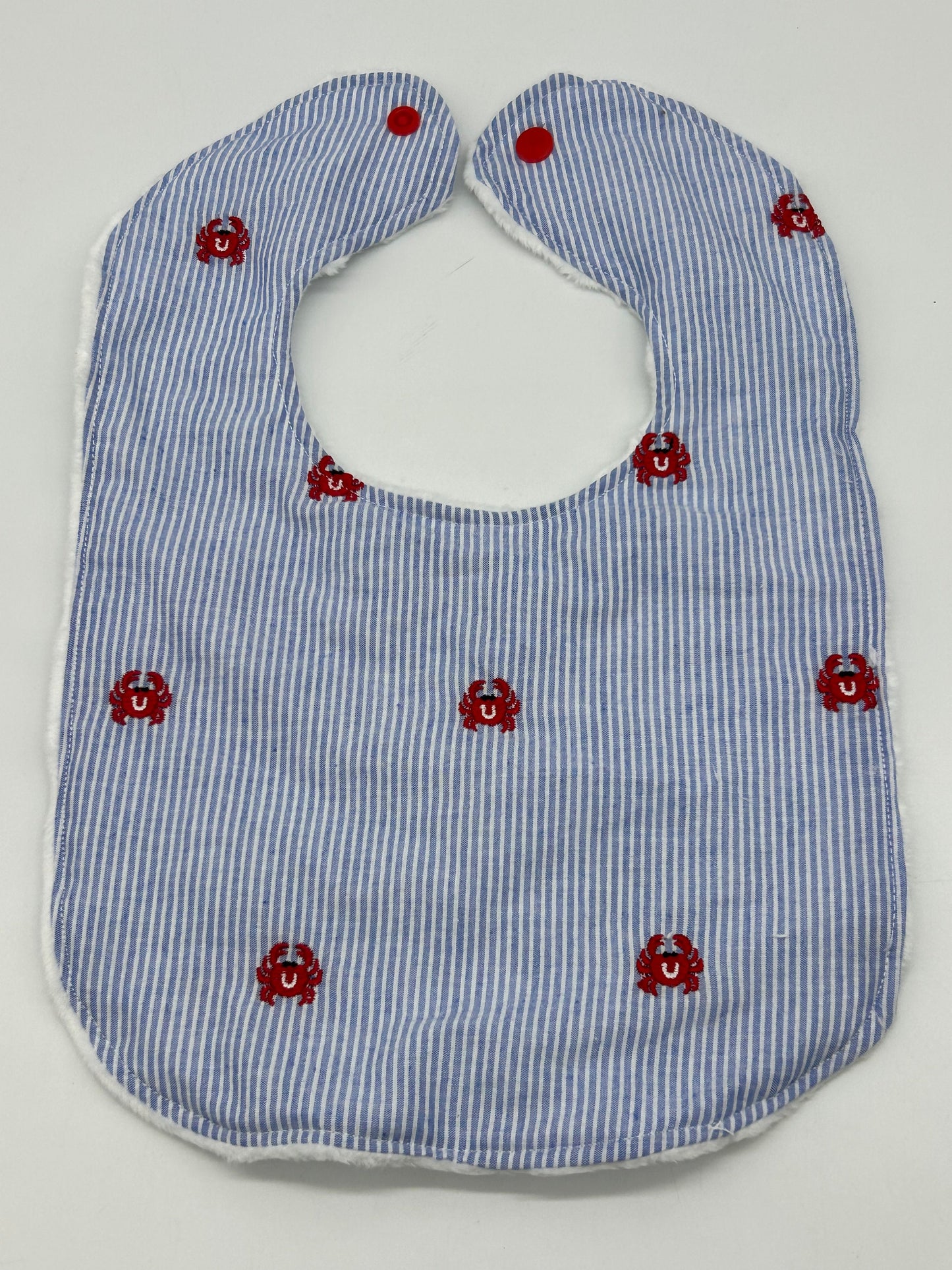 Crab Baby Bib: Nautical Blue Stripe, Personalized Minky Bib