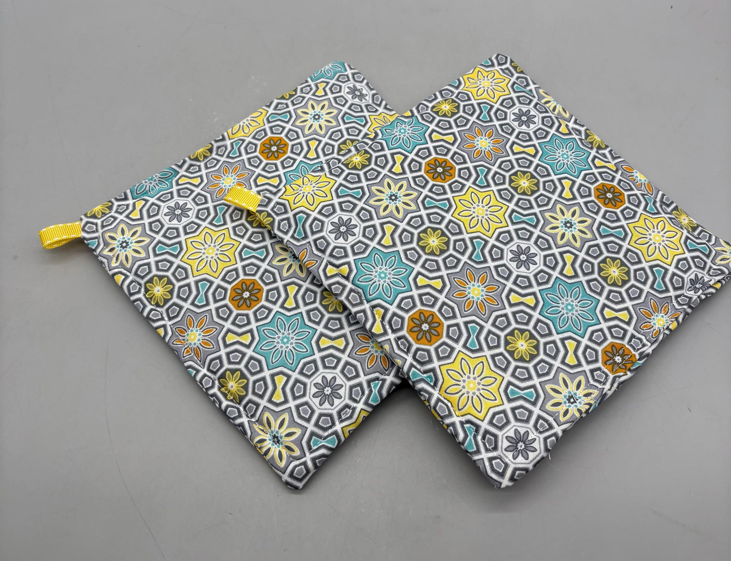 Modern Quilted Potholder Set: Gray, Blue & Yellow Cotton Hot Pads