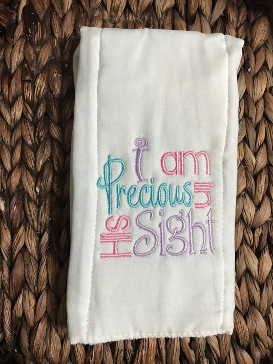 Embroidered Baby Girl Burp Cloth: "I Am Precious In His Sight"