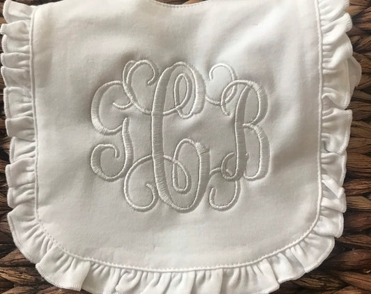 Monogram Baby Bib- White Monogram Ruffle Baby bib